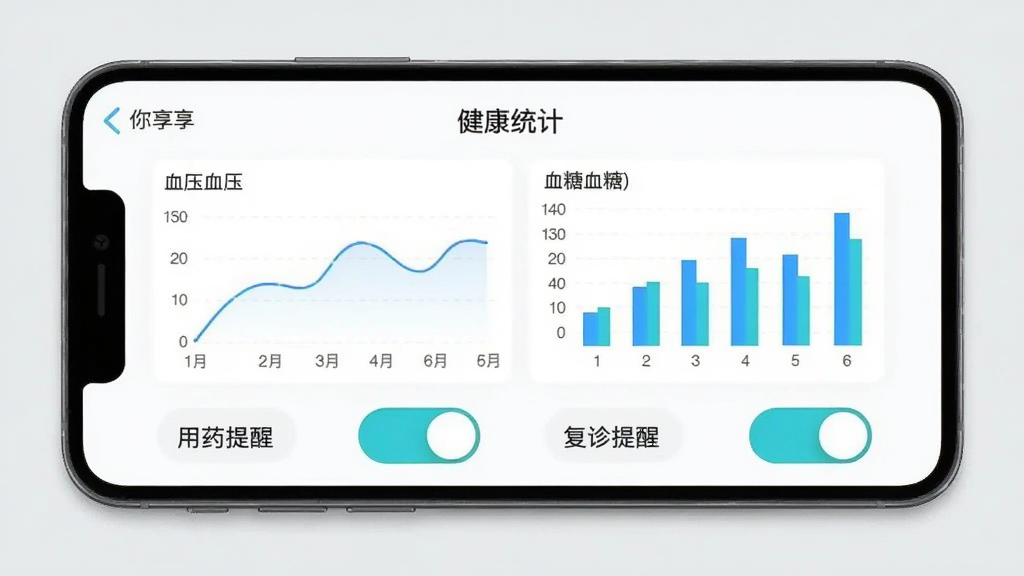 主体为手机屏幕展示你享我享APP的“健康统计”页面,屏幕上显示折线图和柱状图,分别表示血压和血糖的变化趋势,图表下方有“用药提醒”和“复诊提醒”两个开关按钮,背景为浅灰色,风格简洁,布局规整,画质干净,无多余元素