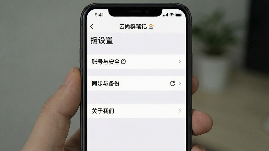 一张手机截图风格的图片,展示“云尚群笔记”APP的“设置”页面,页面中有“账号与安全”、“同步与备份”、“关于我们”等选项列表,背景是简洁的白色界面,风格扁平化,布局清晰,画质干净,无多余元素。