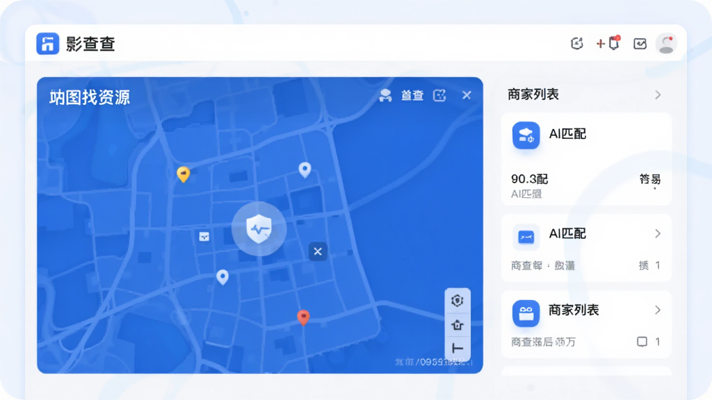 影查查软件主界面预览图,展示首页地图找资源、AI匹配、商家列表等核心功能,采用现代简约风格,蓝色主色调,UI界面清晰,图标精致,整体布局合理,高分辨率,干净无多余元素