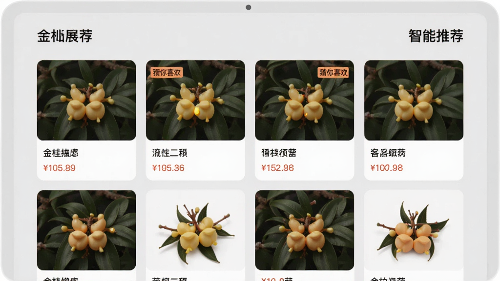 ���Ӧ��չʾ���Ի��Ƽ����ܵĽ��棬��Ļ�ϳ��ֶ�����Ʒ��Ƭ��ÿ�ſ�Ƭ������ƷͼƬ�����ƺͼ۸񣬿�Ƭ�����������У����м�����Ʒ���С�����ϲ������ǩ���������Ͻ��С������Ƽ�������������Ϊǳ��ɫ���������Լ�ִ��������������޶���Ԫ�ء�