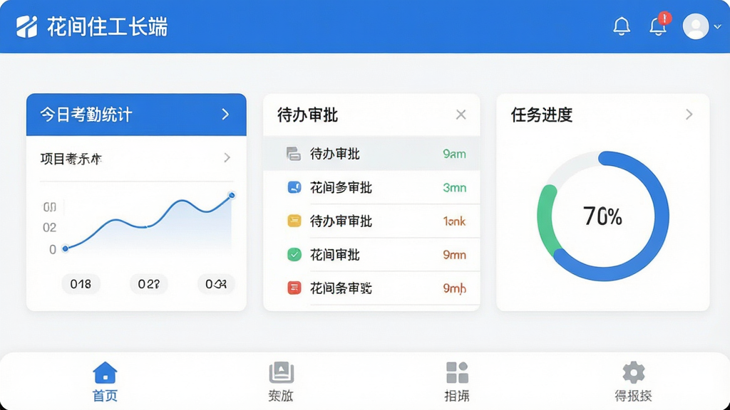 一张展示花间住工长端软件主界面的高清截图,界面以蓝白为主色调,顶部显示“花间住工长端”字样及项目名称,中间为今日考勤统计卡片、待办审批列表和任务进度环形图,底部为四个功能导航图标,整体布局简洁现代,UI设计精致,画质清晰,无多余元素