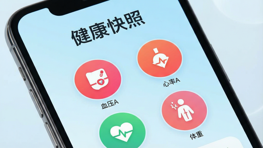 一张展示健康快照应用主界面的图片,主体为手机屏幕,屏幕上清晰显示“健康快照”四个字,下方排列着血压、血糖、心率、体重等健康指标的圆形图标,每个图标颜色鲜艳,背景为淡蓝色渐变,整体布局简洁清爽,风格现代科技感,细节丰富,画质清晰干净,无多余元素。