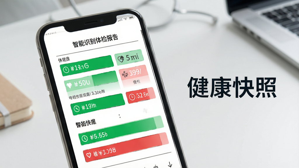 一张展示健康快照智能识别体检报告功能的图片,主体为手机屏幕,屏幕中显示一份体检报告扫描件,关键指标被绿色和红色高亮标注,旁边有“健康快照”字样,背景为简洁的桌面,布局清晰,风格专业,细节丰富,画质清晰,无多余元素。