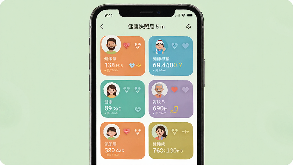 一张展示健康快照全家健康档案功能的图片,主体为手机屏幕,屏幕中显示多个家庭成员的头像和健康数据卡片,每个卡片颜色不同,背景为淡绿色,布局整齐,风格温馨,细节丰富,画质清晰,无多余元素。