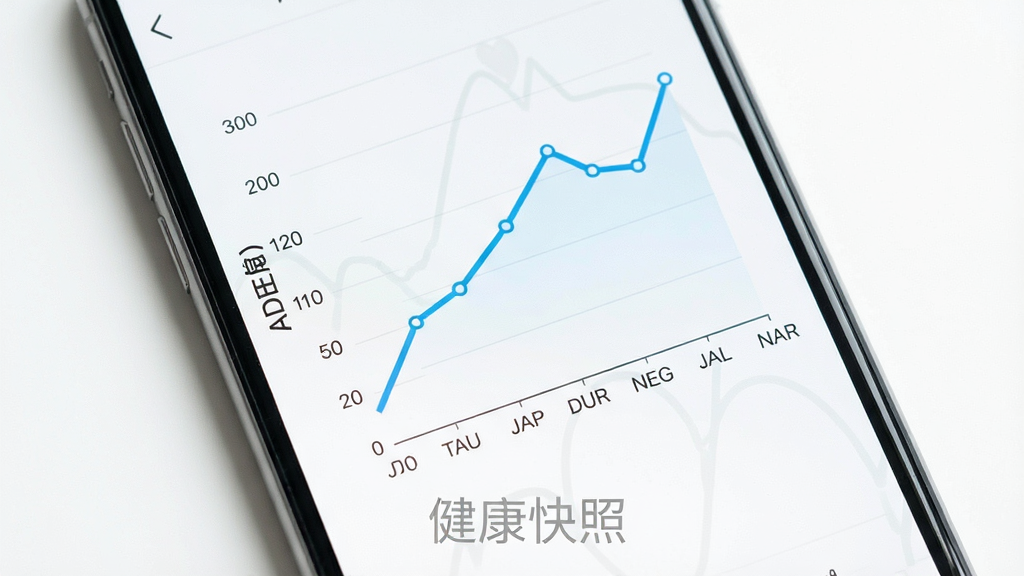一张展示健康快照趋势图表的图片,主体为手机屏幕,屏幕中显示一条折线图,横轴为月份,纵轴为血压值,图表下方有“健康快照”水印,背景为白色,布局简洁,风格清新,细节清晰,画质干净,无多余元素。
