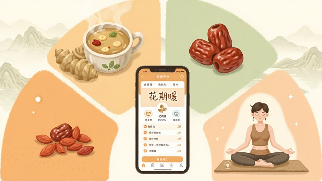 一幅展示四阶段养护建议的插画,画面分为四个扇形区域,分别绘有姜茶、红枣、枸杞、瑜伽冥想等元素,色调为暖杏色与浅绿色,背景有淡淡的山水纹理,中央放置手机,屏幕上显示