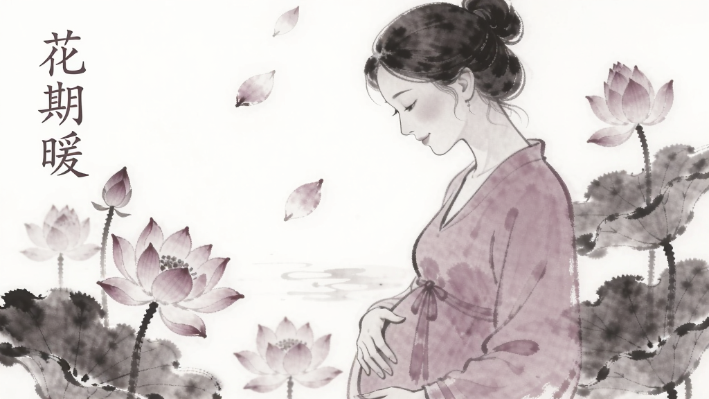 一幅展现东方女性优雅侧影的插画,她轻抚腹部,神情温柔安详,背景是淡雅的水墨荷花与飘落的花瓣,整体色调为低饱和的藕荷色与月白色,画面干净留白,文字