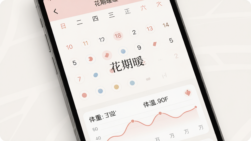 手机界面展示花期暖的经期日历视图,界面以素雅的浅粉与月白色为主,日历上标记着不同阶段的圆点,下方有体重、体温的折线图,整体风格极简干净,屏幕中央显示