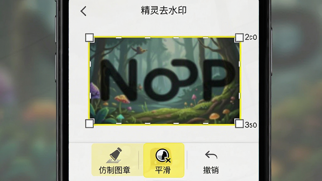 展示“精灵去水印”手动遮盖功能的操作界面,手机屏幕上有四个角可拖拽的矩形选区框住水印,底部工具栏显示“仿制图章”、“平滑”、“撤销”等图标,界面简洁,黄色高亮提示操作区域,风格写实,画质清晰,无多余元素。