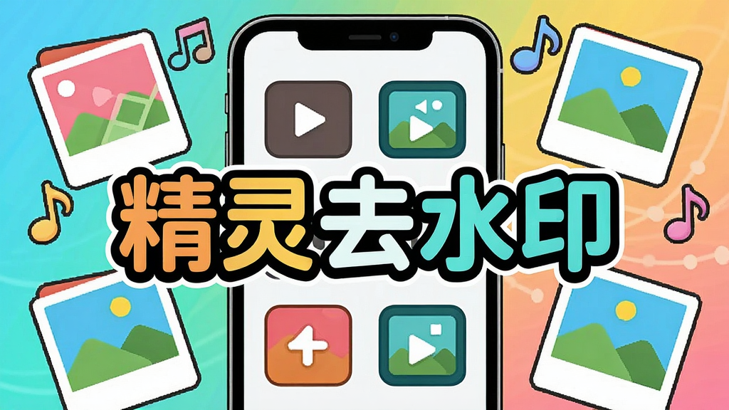 一幅展示“精灵去水印”多格式支持的场景图,画面中央为手机屏幕,屏幕上排列着各种视频和图片格式图标,周围环绕音符和相册元素,配色活泼明亮,布局饱满,风格卡通化,突出软件名称“精灵去水印”,画质干净,无多余元素。
