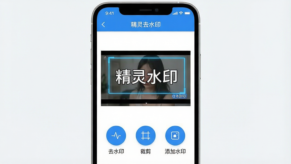 一张现代简约风格的手机应用界面展示图,主体为“精灵去水印”APP的操作页面,屏幕中央显示一段带有明显水印的视频素材,水印位置用高亮框选,下方排列“去水印”、“裁剪”、“添加水印”三个圆形功能按钮,布局清晰,色彩以蓝白为主,风格清新简洁,画质干净无多余元素。