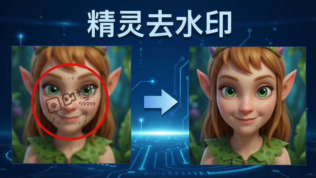 展示“精灵去水印”智能识别过程的对比图,左侧为带有水印的原图,水印处用红圈标记,右侧为处理后的干净画面,中间用箭头连接,背景为淡蓝色科技感光效,主体突出软件名称“精灵去水印”字样,排版整洁,画质高清,无多余元素。