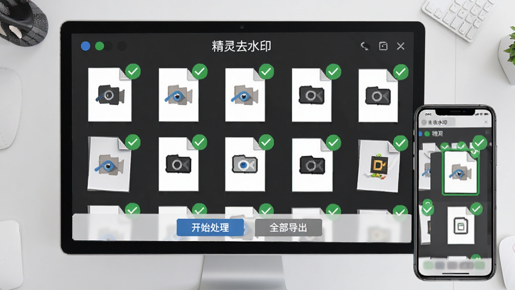 展示“精灵去水印”批量处理功能的界面,电脑或手机屏幕上排列着多个文件缩略图,每个缩略图右上角有绿色对勾表示处理完成,底部有“开始处理”和“全部导出”按钮,背景为淡灰色工作台,风格商务简约,画质干净,无多余元素。