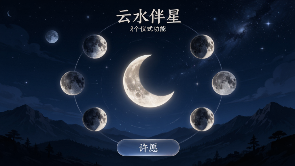 չʾ����ˮ���ǡ�������ʽ���ܵĽ��棬������һ�����������ͼ�꣬��Χ���ư˸���ͬ�����СԲ�㣬�·��С���Ը����ť�������������ҹ�պ�ɽ�ͼ�Ӱ�������Χ�����������Ű����룬���дʵ��廭��ϣ����ʸ��壬�ɾ��޶���Ԫ��