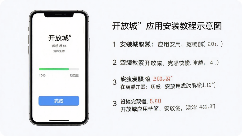 主体:“开放城”应用安装教程示意图,手机屏幕显示安装界面。布局:左侧手机示意图,右侧文字步骤。排版:清晰有序。风格:简洁明了。细节:安装进度条和“完成”按钮。画质:高清、干净、无多余元素。