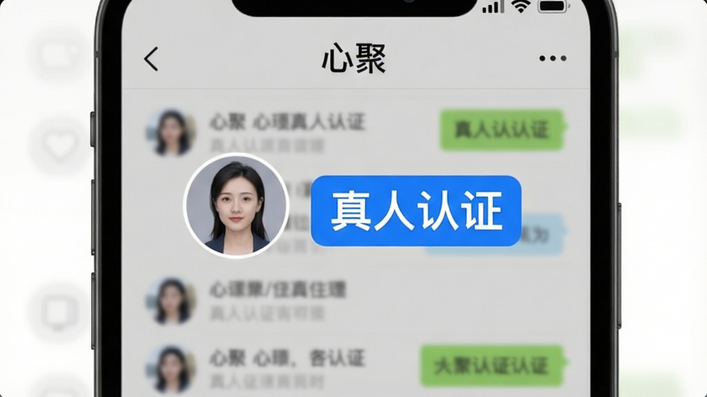 一张心聚APP真人认证功能的界面截图,手机屏幕中央显示一个用户资料页,头像旁有醒目的蓝色“真人认证”标签,背景为模糊的聊天列表,界面风格简洁清晰,以浅灰色为主,画质干净,突出认证标识,屏幕上方有“心聚”二字。