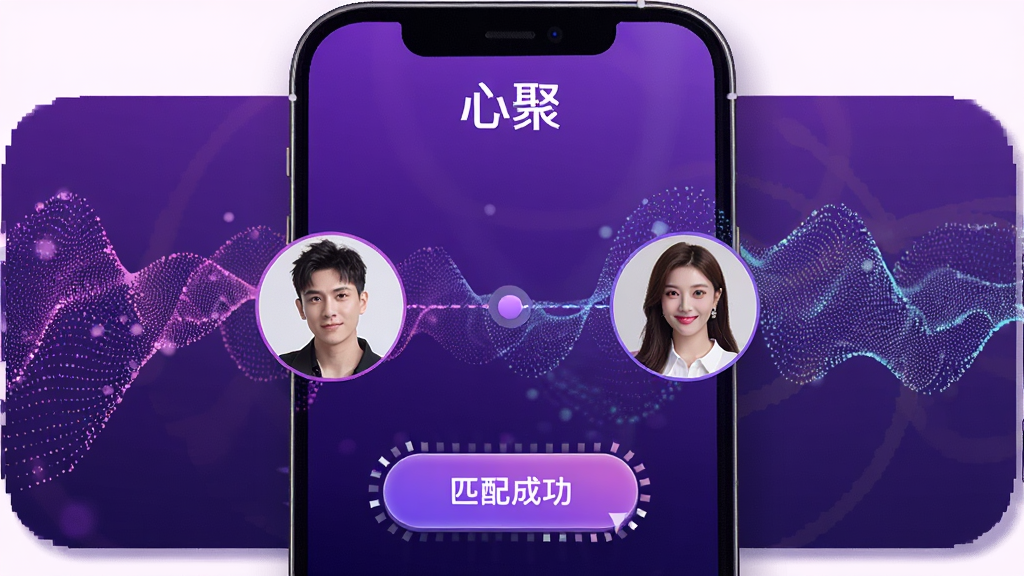 一张心聚APP匹配成功界面,手机屏幕显示两个用户头像正在连线,中间有一个闪烁的“匹配成功”按钮,背景为流动的粒子效果,整体风格动感时尚,以紫色渐变为主,画质清晰,屏幕上方有“心聚”二字。