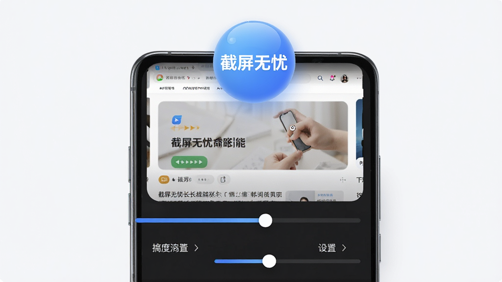 截屏无忧长截图功能演示图,主体为手机屏幕正在自动滚动截取网页内容,屏幕上方显示“截屏无忧”悬浮球,下方为滚动进度条和设置选项,布局清晰,排版简洁,风格现代,细节展示滚动方向和高度调节滑块,画质清晰,干净无多余元素