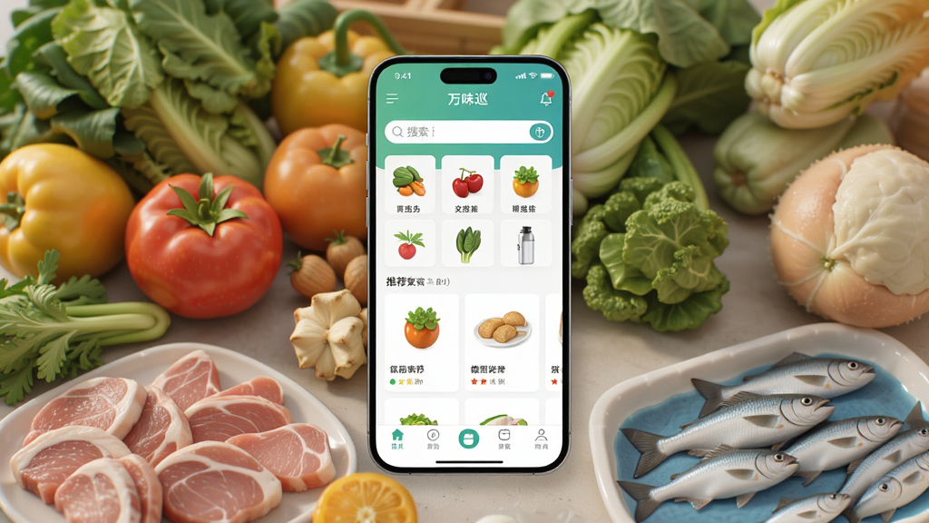 һ��չʾ��ζѲAPP���Ĺ��ܵĳ���ͼ������������һ̨�����ֻ�����Ļ������ʾ��ζѲAPP�Ĳɹ������棬���������ִ���������Ʒ���ࡢ���������Ƽ���Ʒ��Ƭ�͵ײ����������ֻ���Χ�����������߹������ࡢˮ��������ʳ�ģ���ͼ������ɫ�����������õ��̷���Ʒ��Ⱦͼ�����廭�ʣ��ɾ��޶���Ԫ�ء�