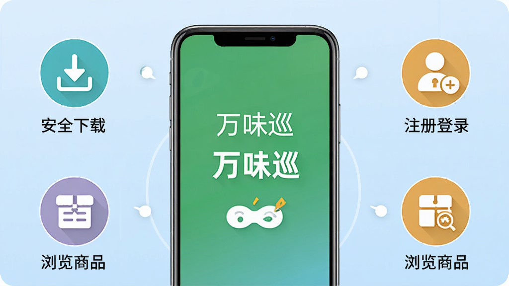 ��ζѲAPP��װ��ʹ�ý̳�ʾ��ͼ������������һ̨�ֻ�����Ļ��ʾ����ζѲ����װ��ɽ��棬��Χ�����š���ȫ���ء�����ע���¼�����������Ʒ���Ȳ���ͼ�꣬����Ϊǳ��ɫ���䣬�����������������廭�ʣ��޶���Ԫ�ء�