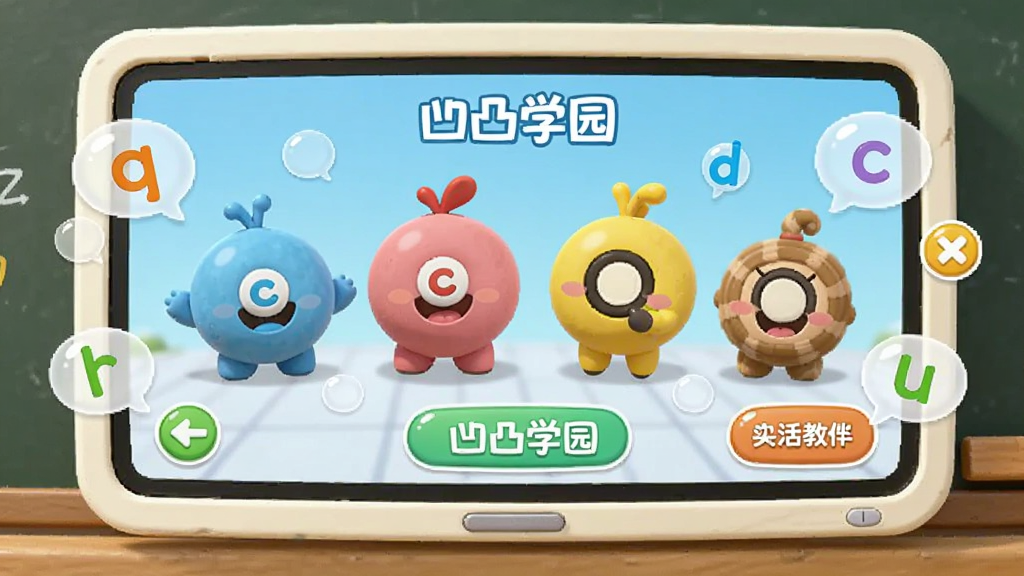 动画课件教学界面预览图,主体是屏幕中的卡通拼音角色,周围有字母气泡和教学按钮,布局整洁,风格清新,细节丰富,画质干净,突出“凹凸学园”品牌,无多余元素。