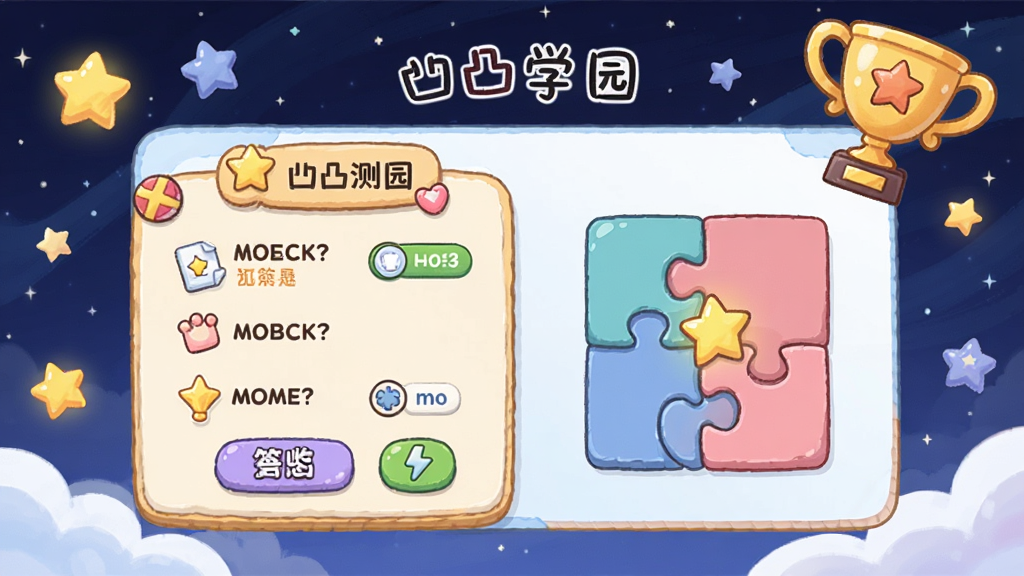 答题测验界面预览,主体是卡通风格的答题面板,有选择题和拼图元素,背景是星空和奖杯,布局简洁,风格明快,细节丰富,画质干净,标注“凹凸学园”字样,无多余元素。