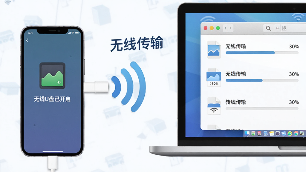 主体:手机与电脑通过Wi-Fi连接,手机界面显示“无线U盘已开启”,电脑屏幕显示文件传输列表;布局:手机和电脑分别位于左右两侧,中间有无线信号图标;排版:简洁直观,文字标注“无线传输”;风格:科技感扁平化;细节:文件传输进度条清晰可见;画质:高清,干净整洁