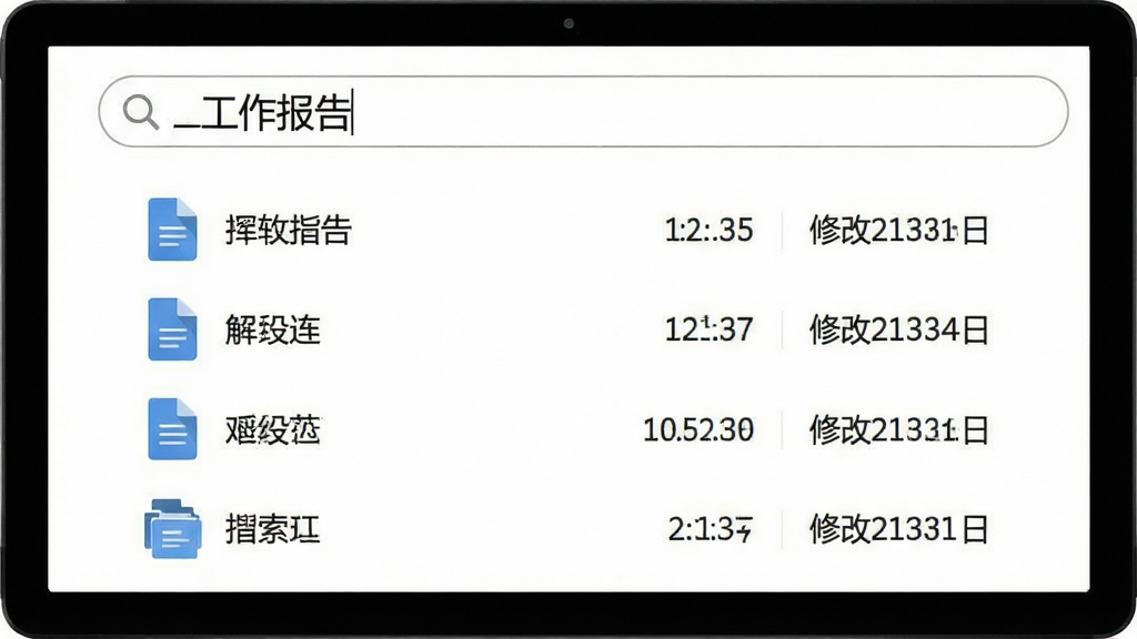 主体:压缩包解压软件文件搜索界面,搜索框输入“工作报告”,下方显示搜索结果列表,背景为白色;布局:搜索框在顶部,列表居中,图标整齐;排版:简洁明了,文字清晰;风格:简约商务;细节:每个文件显示图标、名称、大小和修改日期;画质:清晰锐利,无多余元素