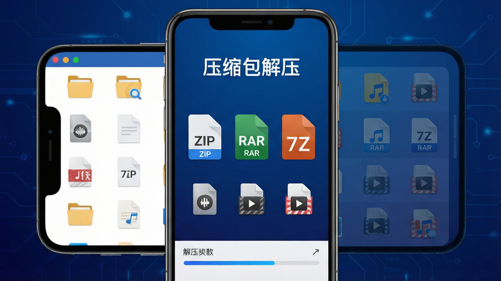 主体:压缩包解压软件主界面展示,中央显示ZIP、RAR、7Z格式图标,背景为深蓝色科技感渐层,手机屏幕中呈现文件列表与解压进度条;布局:手机居中,界面元素对称分布,图标整齐排列;排版:简洁清晰,文字标注“压缩包解压”字样;风格:现代扁平化,色彩明亮;细节:文件图标带有文件夹、压缩包、音频视频等小标识;画质:高清晰度,干净整洁,无多余元素