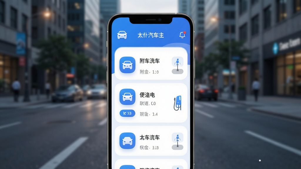 太仆汽车主界面展示,手机屏幕中显示附近洗车店列表,背景为城市街道,界面简洁清新,蓝白配色,图标圆润,整体风格现代科技感,布局清晰,细节丰富,画质干净无多余元素
