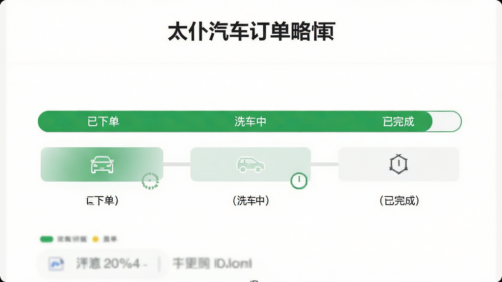 太仆汽车订单详情页,显示服务进度条,分为已下单、洗车中、已完成三个阶段,界面为白色背景,进度条为绿色,信息布局清晰,细节完善,画质干净无多余元素