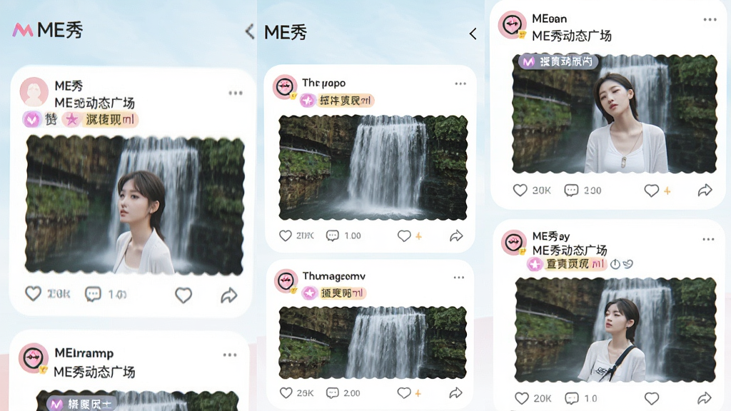 ��������ΪME�㶯̬�㳡���ٲ������棬չʾ��������ͼƬ�ͻ����ǩ���û���̬�����ֲ����ֻ�������ͼ��ʽ��������̬��Ƭ�������¡��Ű���������Ϣ������������У������ǩ������ʾ�����Ϊ����������罻APP���ɫ����͡�ϸ����ͻ����ME�㡱Ʒ�����Լ����ޡ����۵�ͼ����ʽ������Ϊ�����Ľ����ͼ��񣬸ɾ��޶���Ԫ�ء�