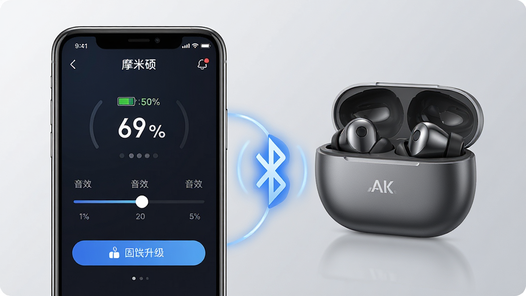 主体:摩米硕App界面与蓝牙耳机产品图。布局:左侧为手机屏幕显示App主界面,右侧为摩米硕蓝牙耳机实物,两者通过一条发光的蓝色蓝牙信号曲线连接。排版:手机界面清晰展示电量百分比、音效调节滑块和固件升级按钮,耳机呈现充电盒开启状态。风格:科技感与现代简约风结合,背景为浅灰色渐变。细节:界面图标精致,耳机表面有品牌Logo,光线反射自然。画质:超高清4K,干净无多余元素。
