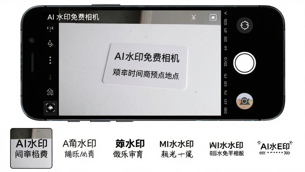 AI水印免费相机操作界面截图,主体为手机屏幕,屏幕中展示拍摄界面,下方有多个水印样式可选,布局为上下结构,排版清晰,风格简洁明亮,细节包括“AI水印免费相机”名称、时间地点水印预览、拍摄按钮,画质干净清晰,无多余元素