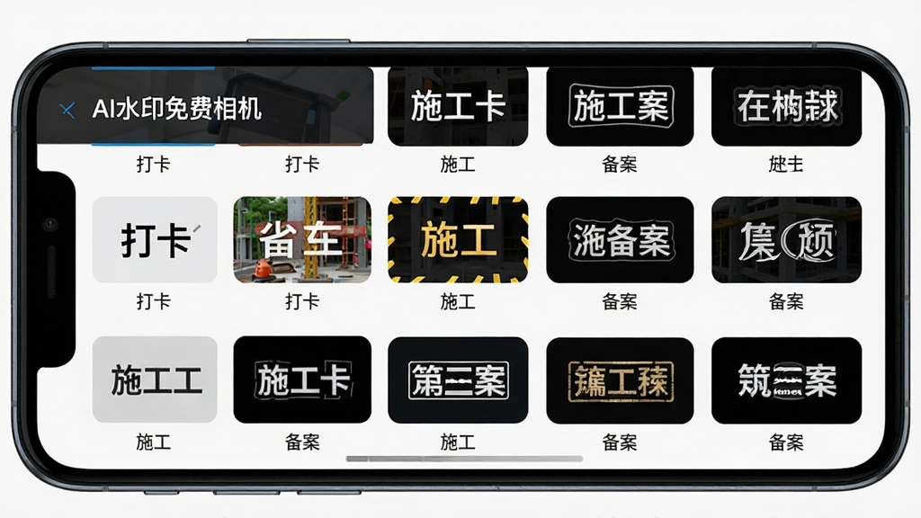 展示AI水印免费相机的水印模板库界面,主体为手机屏幕,屏幕内展示多款不同风格的水印模板缩略图,排列成网格状,布局整齐,排版清晰,风格商务简约,细节包括“AI水印免费相机”名称、各种模板名称如“打卡”、“施工”、“备案”等,画质高清,无多余元素
