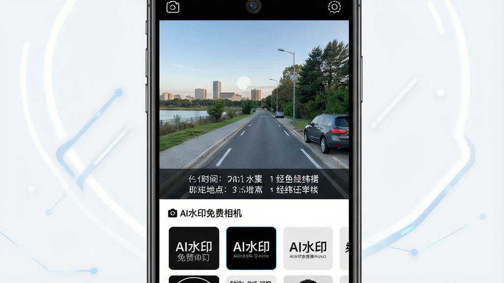 一张展示AI水印免费相机核心功能的宣传海报,主体为智能手机屏幕特写,屏幕内显示相机取景画面,画面底部叠加了清晰的时间、地点、经纬度水印信息,布局居中,排版简洁,风格现代科技感,细节包括界面上的“AI水印免费相机”字样与各种水印模板缩略图,画质高清干净,无多余元素