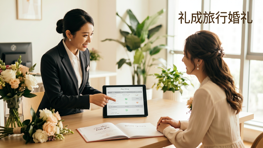 主体:一位穿着职业装的婚礼管家正在为新人讲解婚礼流程,桌面上摆放着平板电脑、鲜花和婚礼策划册。布局:管家与新人相对而坐,画面温馨,背景是明亮的办公室和绿植。排版:画面右侧有“礼成旅行婚礼”字样。风格:专业、温馨,暖色调,纪实摄影风格。细节:管家用手势指向平板上的时间表,新人微笑倾听。画质:高清,干净无多余元素。