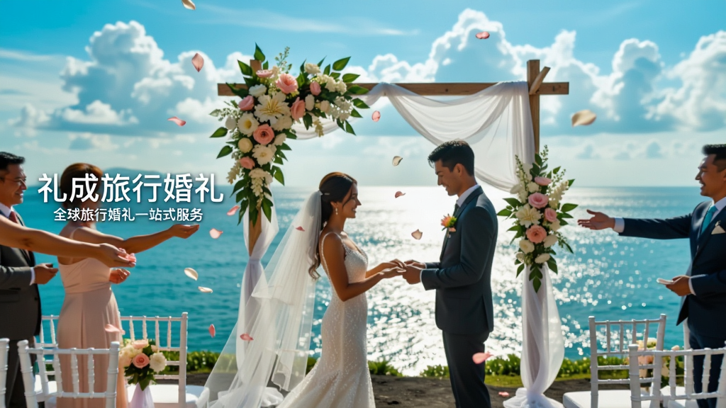 主体:一对新人在巴厘岛海边的悬崖婚礼现场,身后是碧蓝大海和白色云朵,前方是鲜花拱门和白色座椅,新人交换戒指,周围有宾客撒花瓣。布局:新人居中,婚礼场景占画面主体,海景作为背景延伸。排版:画面左侧有“礼成旅行婚礼”品牌字样,下方小字“全球旅行婚礼一站式服务”。风格:浪漫唯美,清新自然,高饱和色彩,电影感构图。细节:新娘头纱飘逸,花瓣飘落,阳光洒在海面上波光粼粼。画质:8K超高清,干净无多余元素。