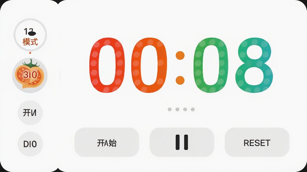 横屏时钟计时界面,屏幕中央显示倒计时数字,下方有开始、暂停、重置按钮,左侧有番茄钟模式选择,界面采用浅色主题,数字颜色鲜艳,布局清晰,画质高清,干净无多余元素