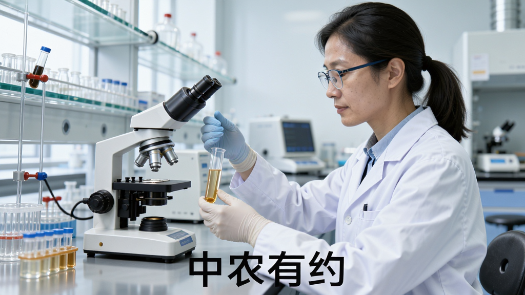 一张专业的食品安全检测场景图,一名穿着白大褂的检测人员正用仪器分析试管中的样品,背景是整洁的实验室,画面聚焦清晰,风格写实,光线明亮,干净无多余元素,画质高清。图片下方标有“中农有约”字样。