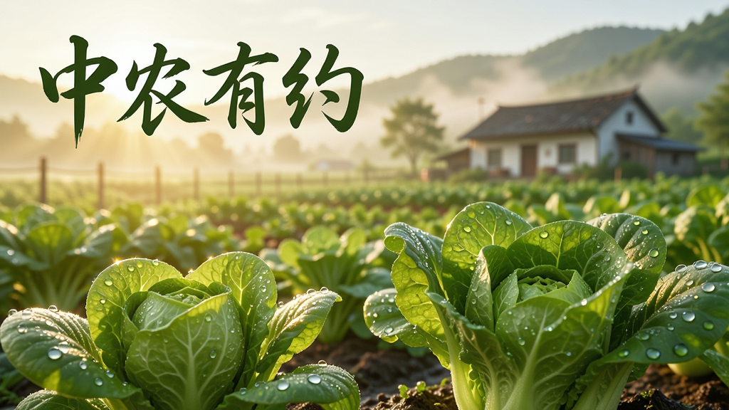 一张充满生机的田园风光图,前景是挂着露珠的翠绿蔬菜,背景是隐约可见的农舍与远山,阳光透过薄雾洒下,画面温暖而治愈,整体风格写实自然,色彩鲜亮,干净无多余元素,画质高清。图中用优雅的书法字体写着“中农有约”四个大字,位于画面左上角。
