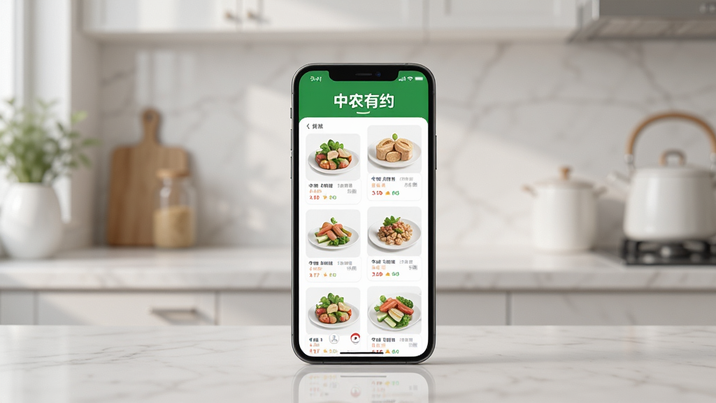 一张智能手机展示中农有约APP界面的场景图,手机屏幕显示商品列表,背景是简洁的厨房一角,画面清晰,风格写实,光线柔和,干净无多余元素,画质高清。手机屏幕上方有“中农有约”字样。