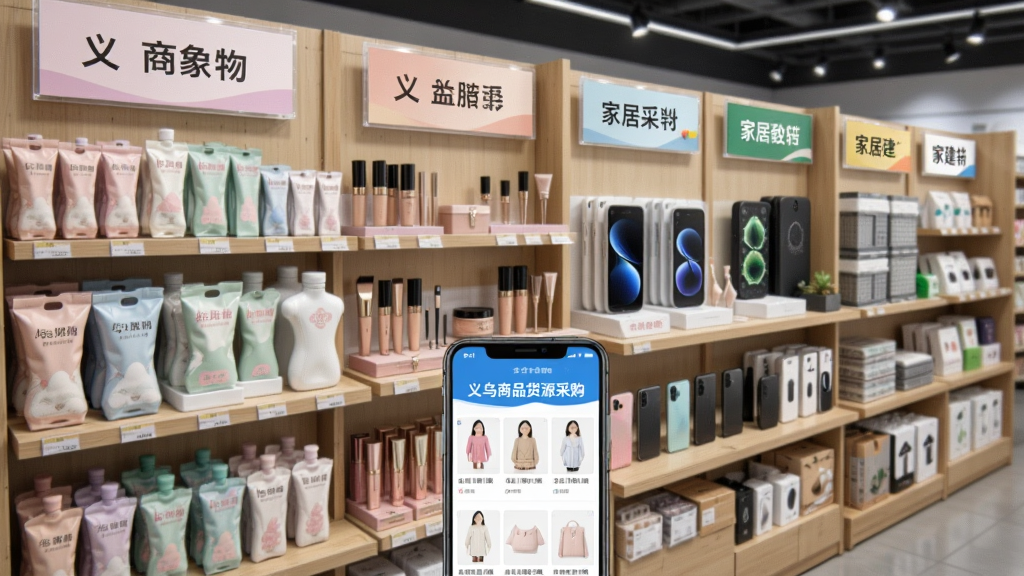 图片主体为商品陈列货架,上面分区域摆放母婴用品、美妆饰品、手机数码、家居建材等样品,每个区域有分类标签牌,前景放置一部手机显示“义乌商品货源采购”App商品列表。布局采用水平排列,透视感强,风格写实,色彩自然,细节丰富,画质清晰,干净无多余元素。