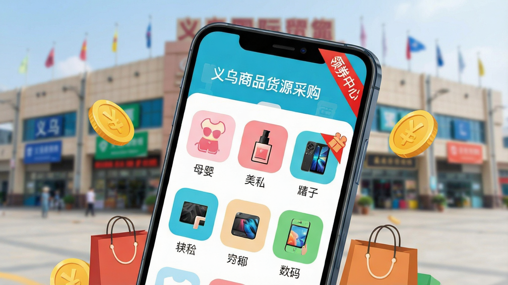画面主体为一部智能手机屏幕展示“义乌商品货源采购”App主界面,背景为模糊的义乌国际商贸城实景,屏幕中可见商品分类图标如母婴、美妆、数码,并有“领券中心”红色角标。整体布局采用居中构图,手机略微倾斜,周围点缀金币与购物袋元素,风格扁平化,色彩明亮鲜艳,细节清晰,画质干净,无多余元素。