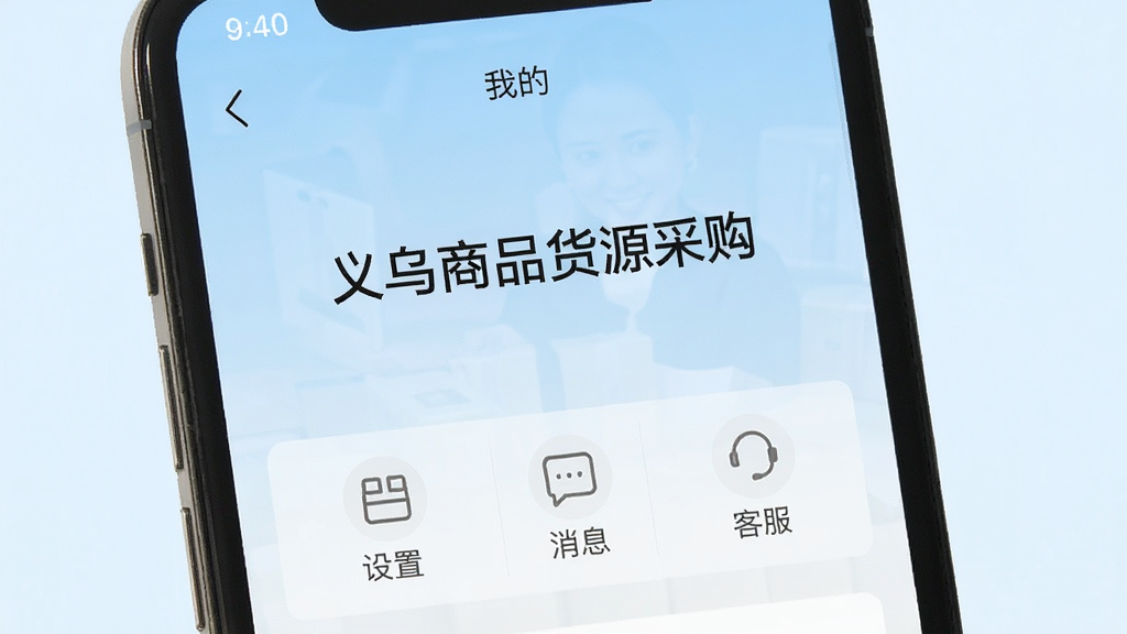 手机屏幕显示“义乌商品货源采购”的“我的”页面,包含设置、消息、客服入口,背景为浅蓝色渐变。布局简洁,风格清爽,细节清晰,画质干净,无多余元素。