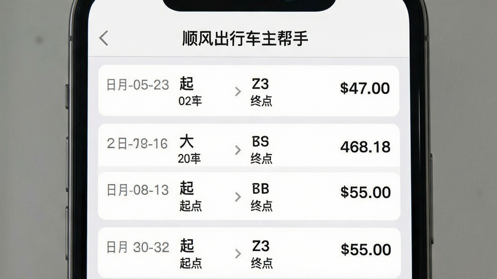 一张智能手机界面截图,展示行程订单列表,每一单包含日期、起点、终点和金额信息,界面顶部有“顺风出行车主帮手”的导航栏,整体设计风格商务简约,以白色和灰色为主色调,数据排列整齐,画质清晰,干净无多余元素