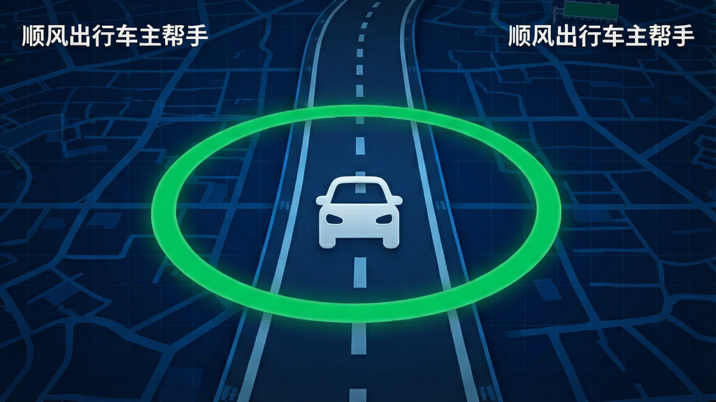 一幅动态路线示意图,画面中央是一辆行驶在高速公路上的汽车图标,周围环绕着绿色安全轨迹线,界面角落显示“顺风出行车主帮手”的水印标识,背景为科技感十足的深蓝色网格地图,整体布局清晰,风格写实且具有科技感,画质细腻,干净无多余元素