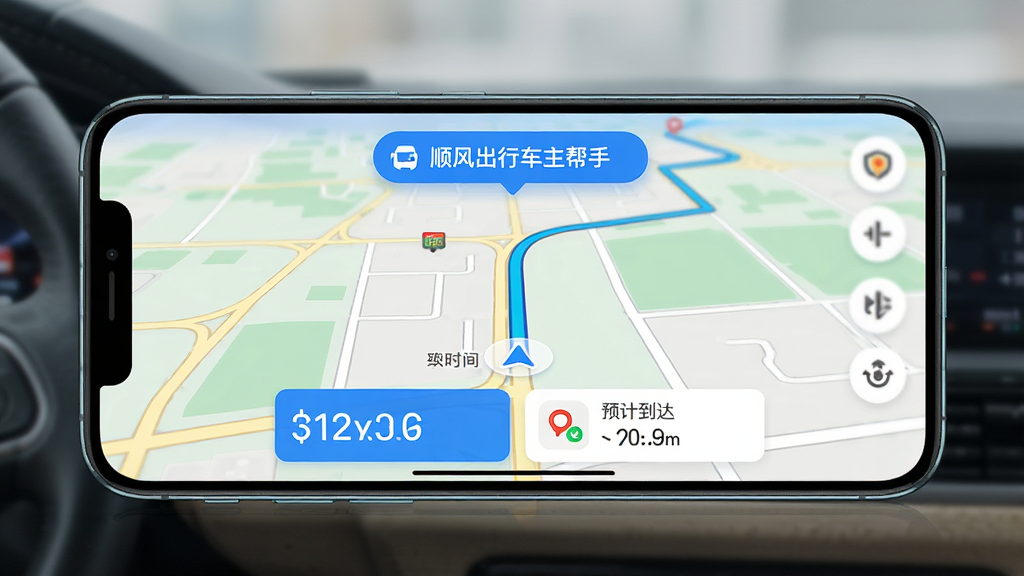 手机横屏显示导航界面的效果图,屏幕中地图路线清晰,标注着“顺风出行车主帮手”的悬浮按钮,界面底部有预计到达时间与公里数卡片,整体色调清新明亮,展示出流畅的导航体验,画质高清,干净无多余元素
