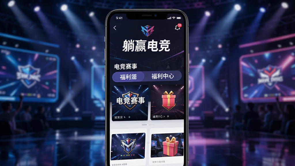 手机屏幕上展示“躺赢电竞”的赛事资讯页面,有“电竞赛事”“福利中心”等栏目,背景是舞台灯光效果,风格时尚,画质高清