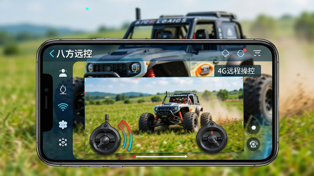 主体:八方远控软件界面与远程操控场景的合成图,前景显示手机屏幕上虚拟遥控杆和实时高清图传画面,背景为户外越野车模型在草地驰骋。布局:手机界面居中,背景虚化,突出远程操控主题。排版:界面元素清晰,图标简洁,文字标注“八方远控”和“4G远程操控”。风格:科技感与现代感结合,色彩明亮鲜艳。细节:注意遥控杆的灵敏反馈和画面流畅度。画质:高清,干净,无多余元素。